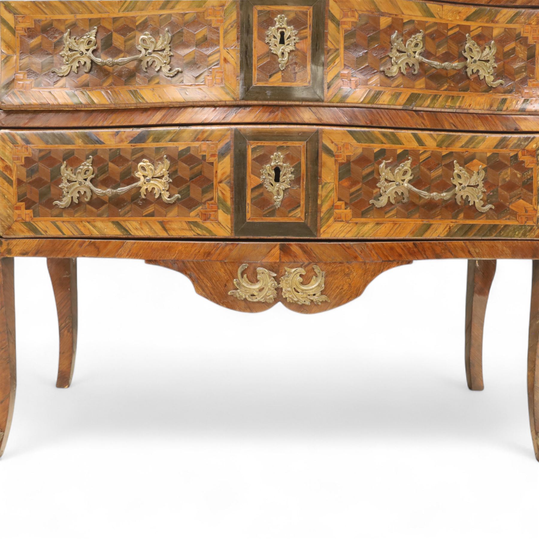 Late 18th-century Louis XV kingwood marquetry commode, rectangular top with original serpentine Breche marble top, above two long crossbanded drawers with rococo style gilt bronze handles and escutcheons in marquetry framed panel in various woods, shaped and centered apron with gilt bronze foliate mounts, sides and drawer fronts with cube geometric marquetry design, on slender cabriole legs with gilt bronze sabots  