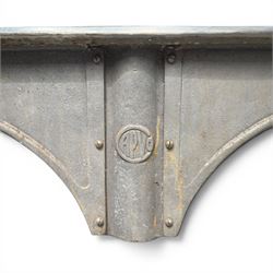Large galvanised steel industrial or work table, rectangular top over tapering supports, stamped APVO