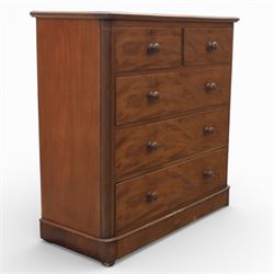Mid Victorian flame mahogany chest of drawers, the moulded bow front top over two short an...