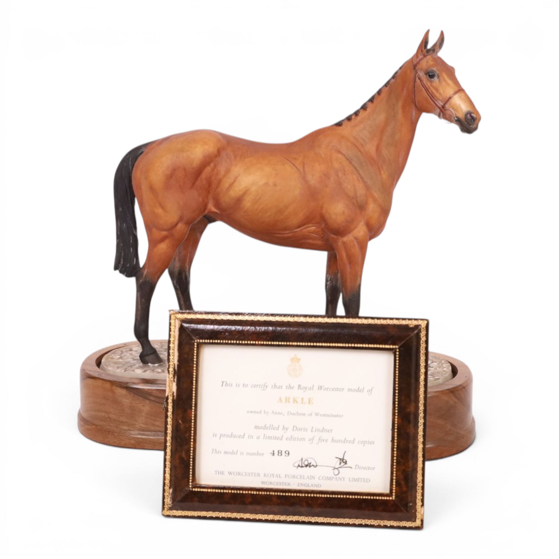 Royal Worcester equestrian figure Arkle, modelled by Doris Lindner, limited edition 489/500, with framed certificate, L26m 