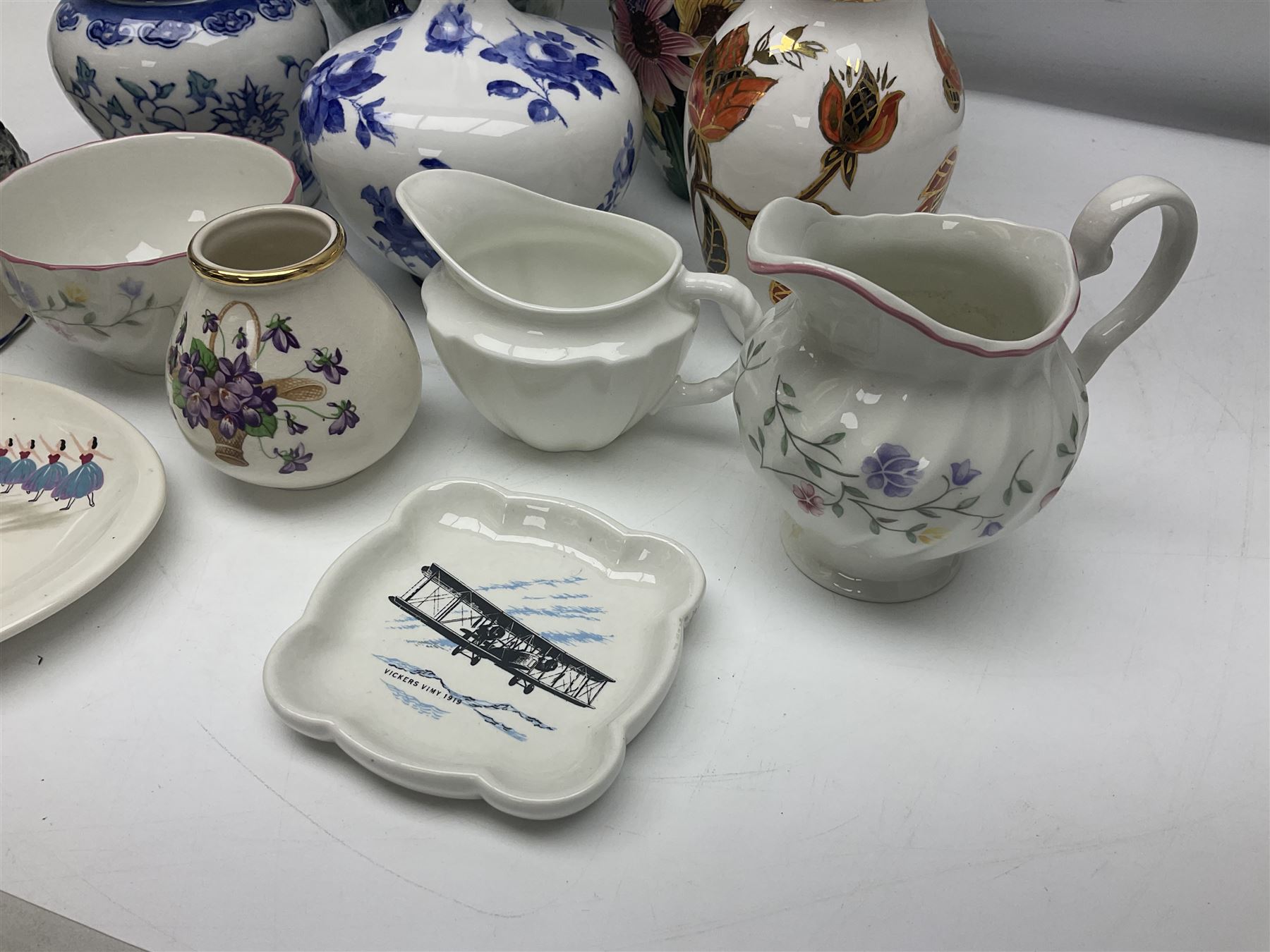 Royal Crown Derby ewer, decorated with blue roses on a white ground, together with Old Tupton vase, Beswick cup and saucer etc  