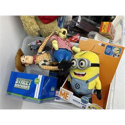 Two Barbie Pink Label Twilight figures in boxes, Ted wacky wobblers in boxes, Minion Dave in box, Toy Story Woody doll etc in two boxes