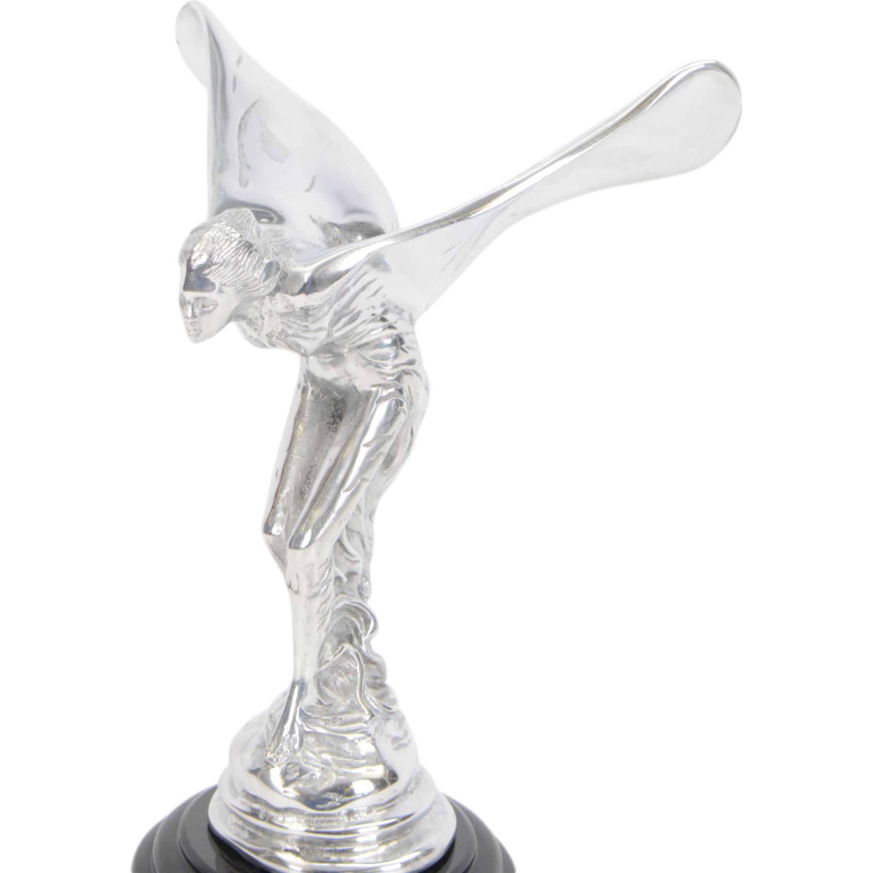 Reproduction Rolls Royce Sprit of Ecstasy car mascot, on circular black plinth, H35cm 