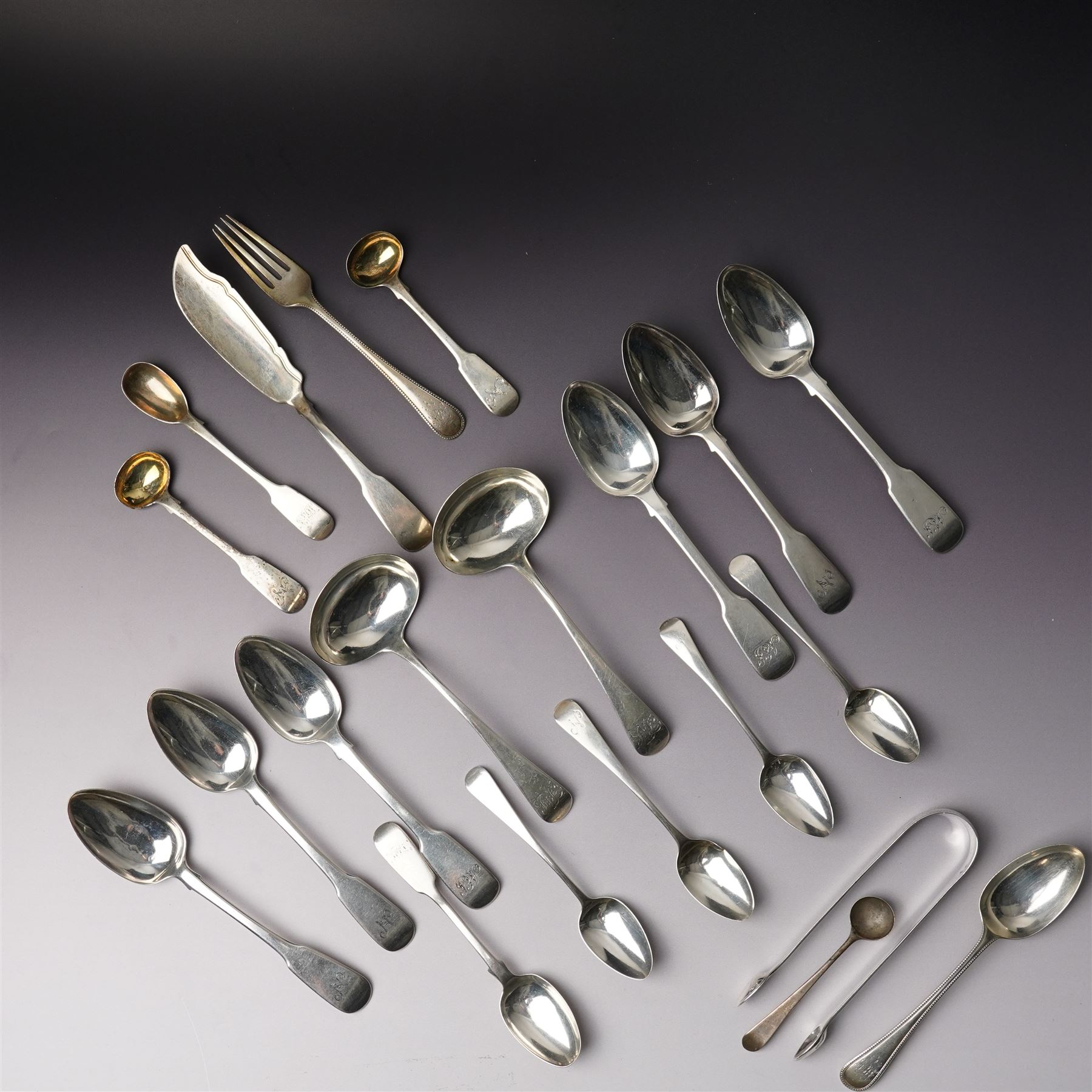 Pair of George III silver sauce ladles London 1799 Maker Richard Crossley, six various George III and Victoria silver dessert spoons, assorted tea spoons etc
