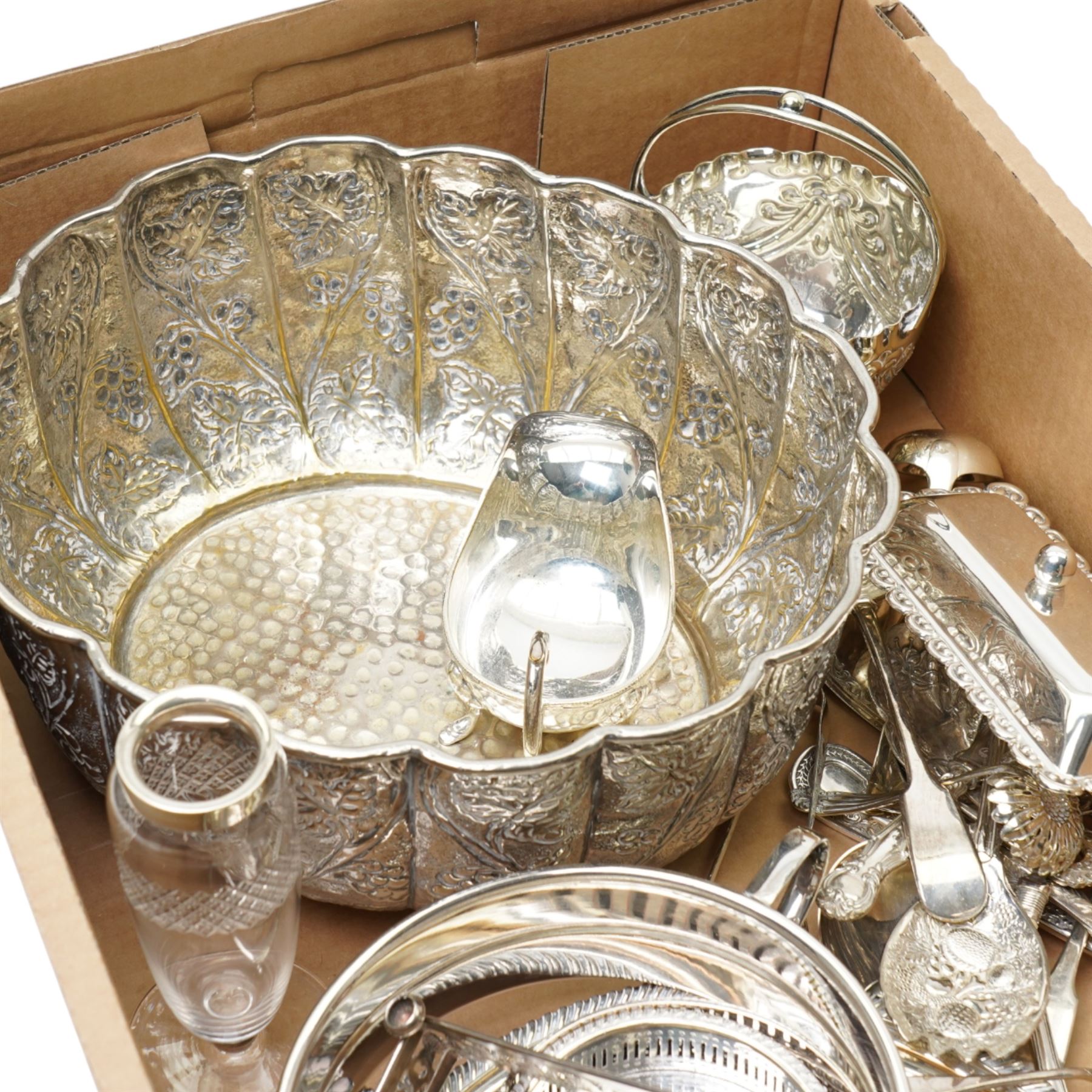 Two glass vases with silver rims, assorted plated cutlery, bowl, sauce boat etc