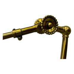 Early 20th century brass adjustable floor lamp, Royal Doulton decorative ceramic base embellished with raised floral and scroll patterns, stamped, brass column and adjustable arms terminating in brass bulb holder