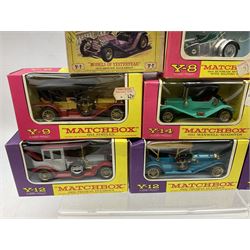 Matchbox Models of Yesteryear - two early models Y7-2 and Y12-1; and eighteen other models Y1-2, Y2-2, Y2-3, two x Y3-2, Y4-3, Y5-3, Y6-3, Y8-2, Y8-3, Y9-2, Y10-3, Y11-2, two x Y12-2, Y13-2, Y14-2 and Y16-2; all boxed (20)