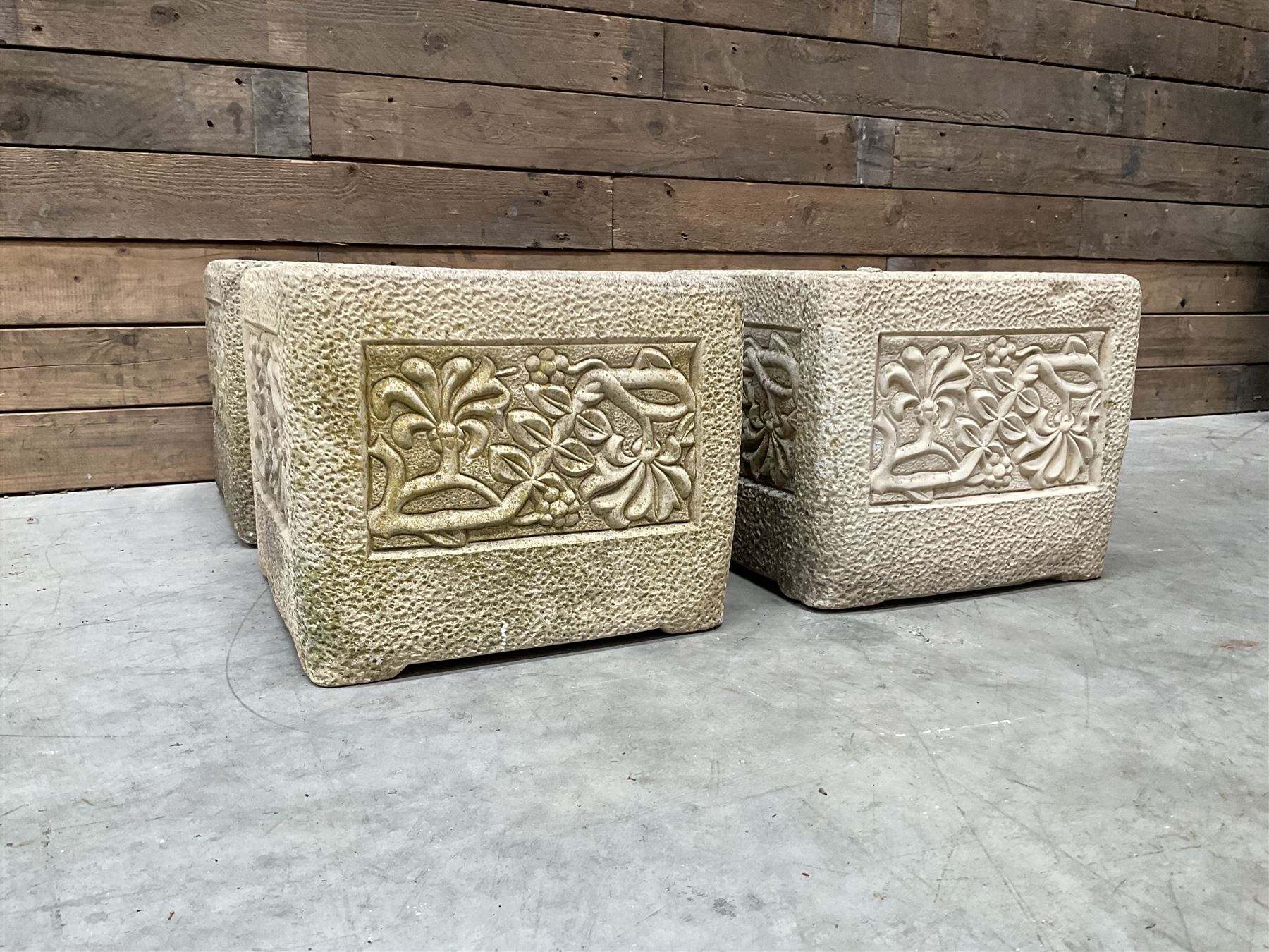 Set four Cotswold Studios Ltd square cast stone garden planters 