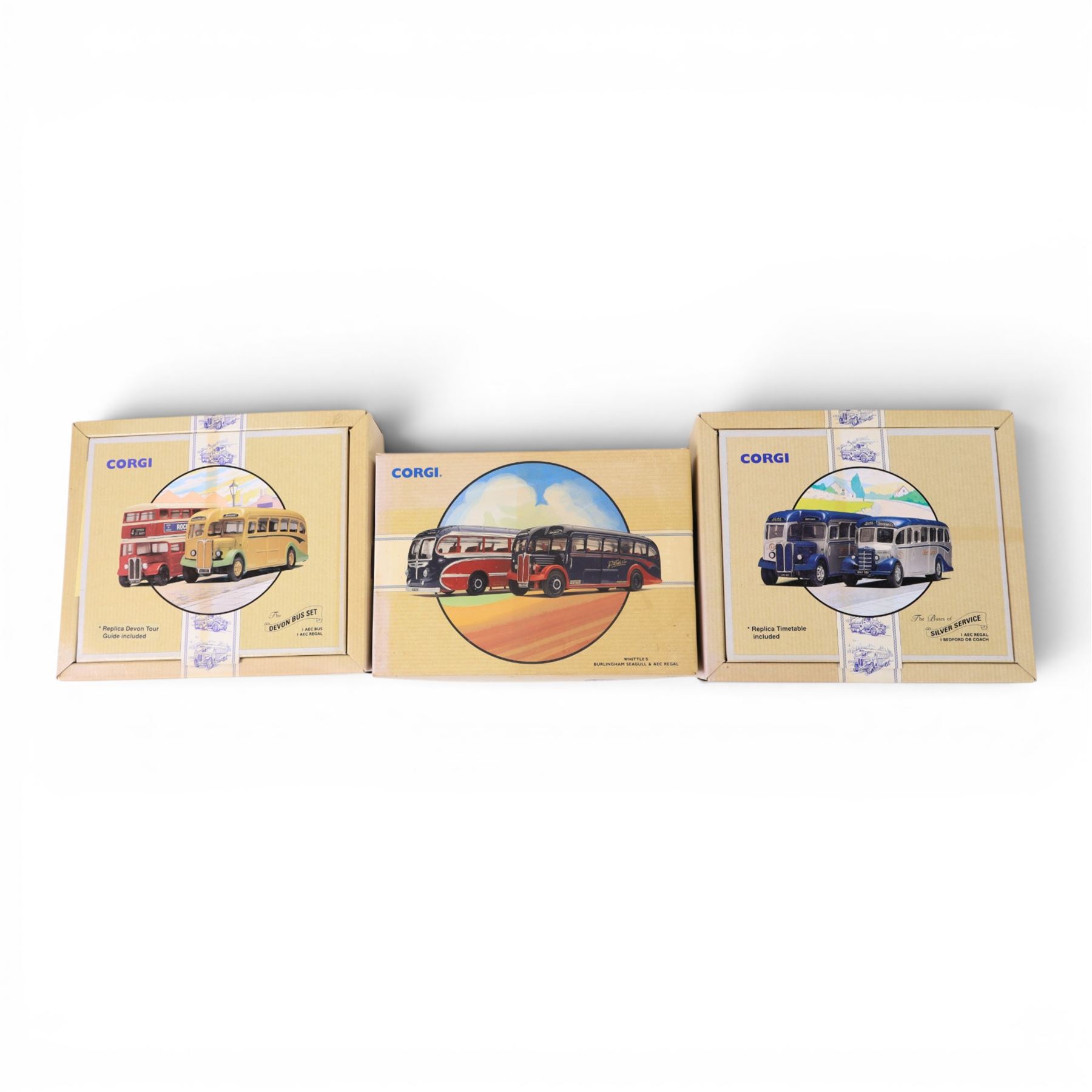 Thirteen Corgi Classic Commercials and Classic Public Transport diecast models, including four limited edition sets, comprising The Buses of Silver Service no. 97070, The Devon Bus Set no. 97071, Whittles no. 97069, The South Wales Set no. 97075, The East Lancashire set no. 97077, Devon General 75th Anniversary no. 97052, Burlingham Seagull no. 97174, The R.W Carney no. 97193, The Provincial Set no. 97072, Burlington Seagull Ribble no. 97173, Double Deck Tram Plymouth no. 97269, Burlingham Seagull AEC Regal no. 97053 and Guy Arab Birmingham no. 97201, all boxed
