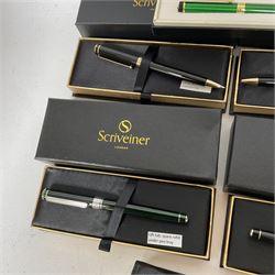 Four Scriveiner pens, comprising fountain and rollerball examples, together with a Dryden Designs fountain pen, and Montegrappa pen case