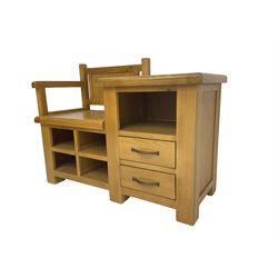 Late 20th century light oak telephone table, seat over four pigeon holes, fitted with shelf over two drawer
