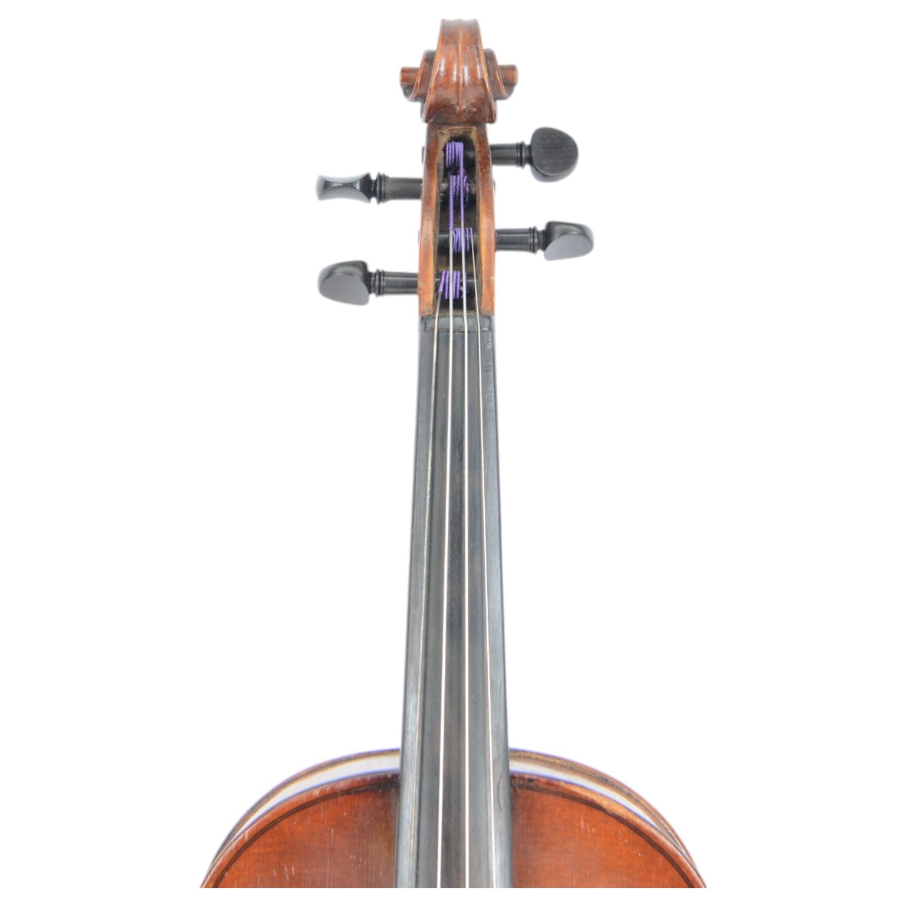 20th century-full sized violin, maple back and side ribs with a spruce top and chin rest, ebonised fretboard and fittings, no bow, housed in a soft case. 