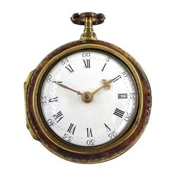 18th century gilt pair cased verge fusee pocket watch by Robert Hyland, London, No. 13345, round baluster pillars, pierced and engraved balance cock, white enamel dial with Roman hours and outer Arabic minute ring, beetle and poker hands, the outer tortoiseshell case with pique work borders
