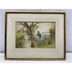 Attrib. Myles Birket Foster (Briitsh 1825-1899): Two Children Climbing a Fence, unfinished watercolour and pencil unsigned 17cm x 26cm