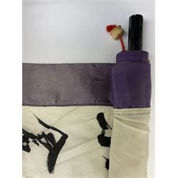 WWII Second World War Imperial Japanese Hata ' Going To War ' silk banner, with crossed flats to top with Japanese flag and Rising sun motif, with text relating to Army and Soldier L173cm