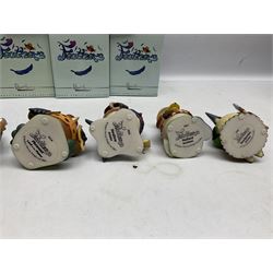 Seven Robert Harrop figures from the Feathers collection, modelled as anthropomorphic birds comprising Blue Tit Milkman, Mallard Boatman, Pheasant Lord of the Manor, Owl School Master, Woodpecker Forester, Swallow Aviator and Seagull Fisherman, all with original boxes