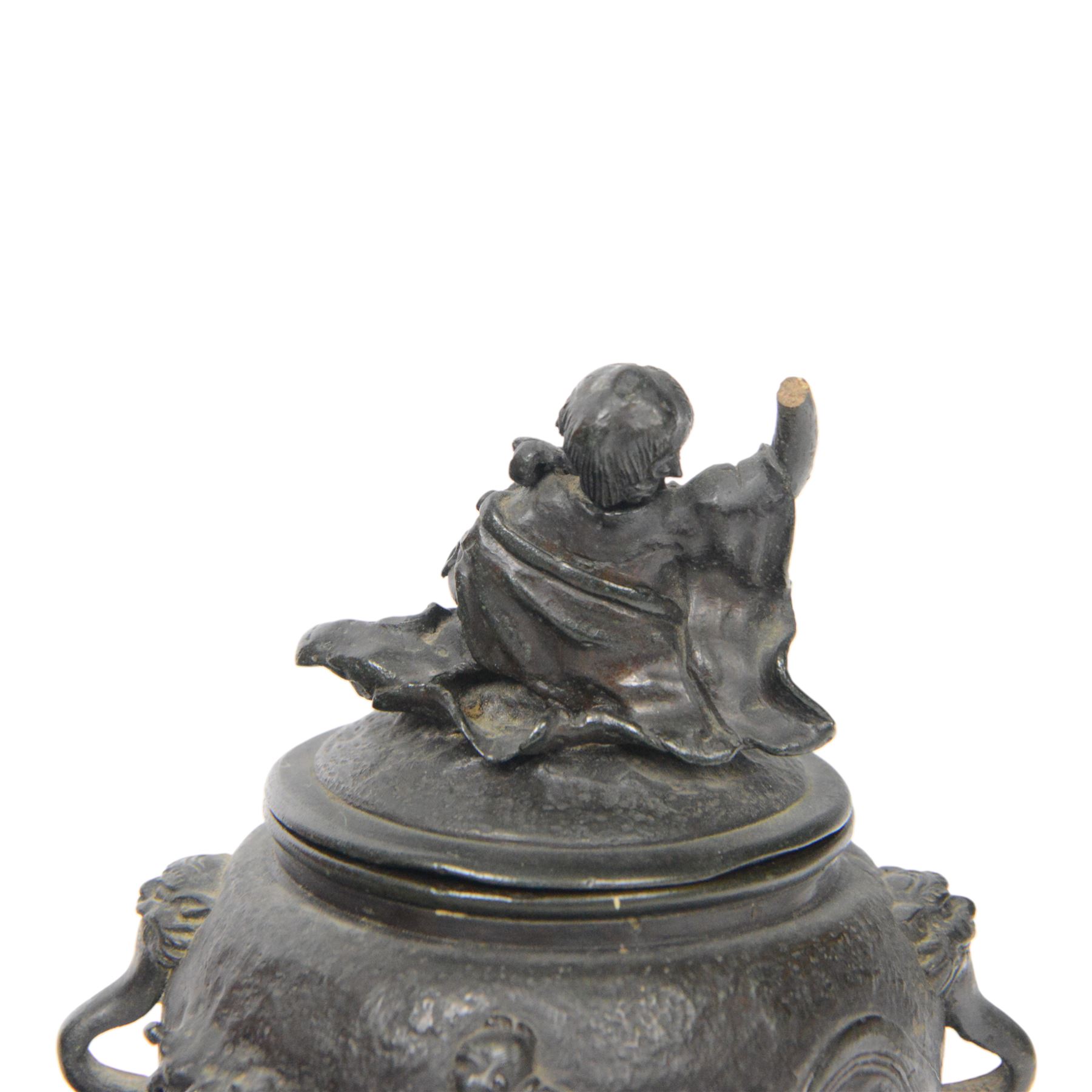 Pair of Japanese bronze koro, raised upon three feet, he body of the koro decorated with figures and animals, the cover mounted with figures, H24cm