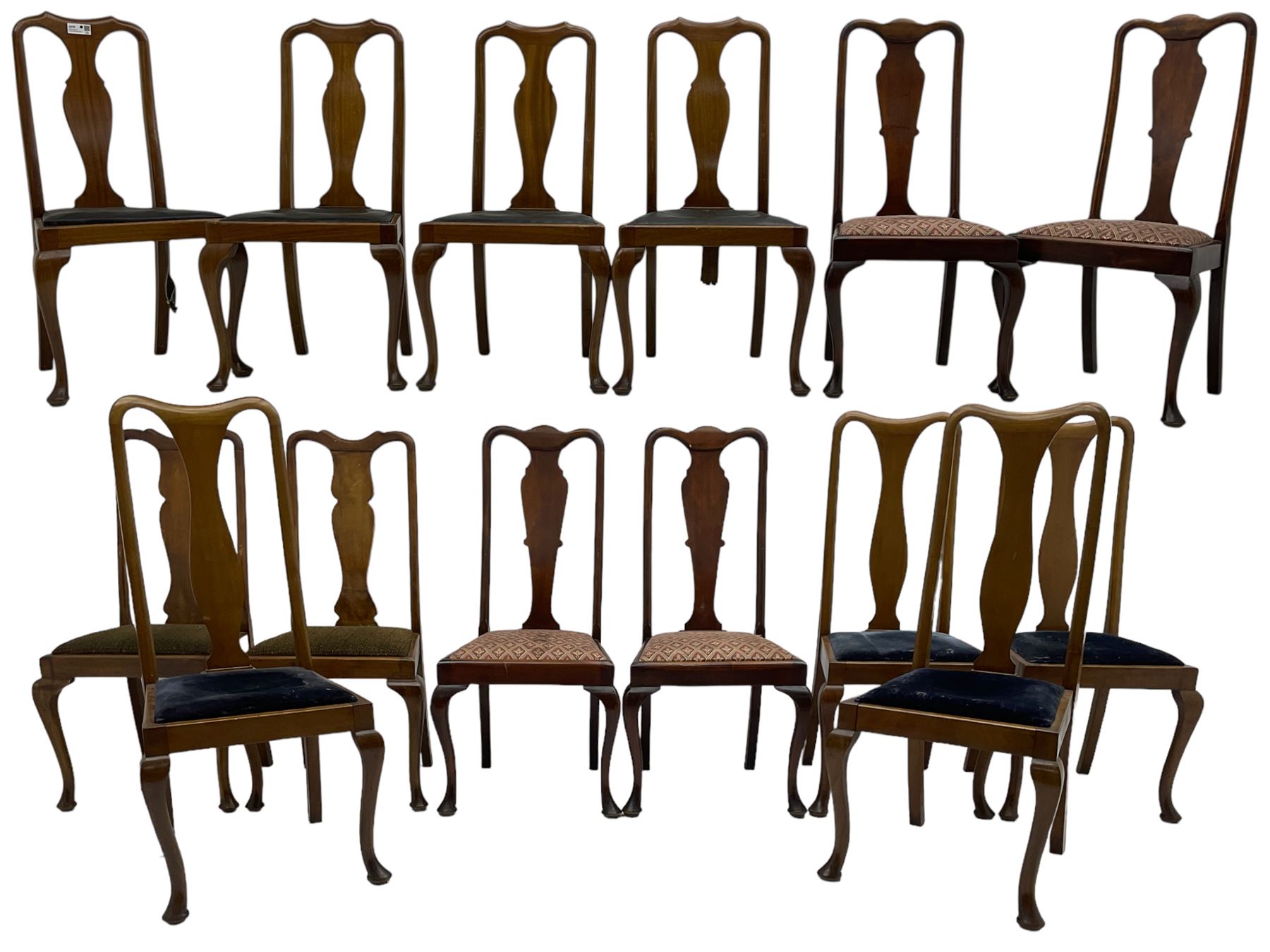 Matched set of fourteen early 20th century mahogany dining chairs, shaped cresting rail over shaped splat, upholstered drop-in seat, on cabriole front supports 