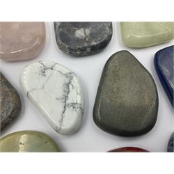 Fifteen mineral specimens, each cut and polished to highlight natural formations, including lapis lazuli, rose quartz, green aventurine, jasper, black obsidian etc, L4cm