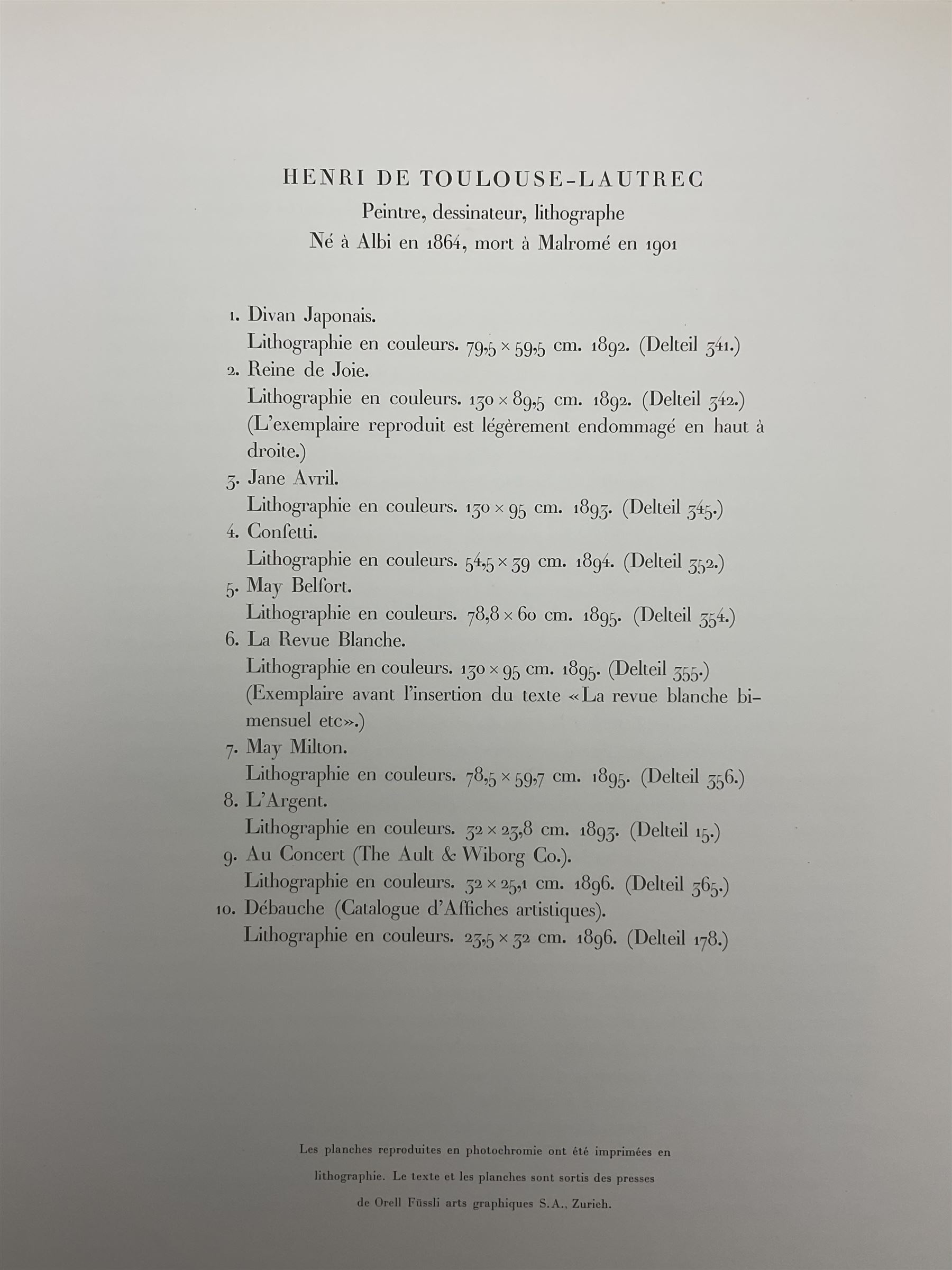 Rotzler, Willy - 'Affiches de Henri de Toulouse-Lautrec - Dix reproductions en couleurs', book containing ten colour Toulouse-Lautrec lithographs, pub. 1946 by Bale, unbound with loose plates, plates max 33cm x 24cm