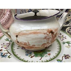 Four mid 19th century Mason's Ironstone plates decorated in the Chinese Antiquities pattern, the central circular panel decorated with footed vase with stylised motifs within a floral border, with gilt detail, pattern no. 1438, largest D26cm, together with Royal Worcester plate with floral decoration within green borders, blue and white tankard with pewter lid and teapot, teapot
