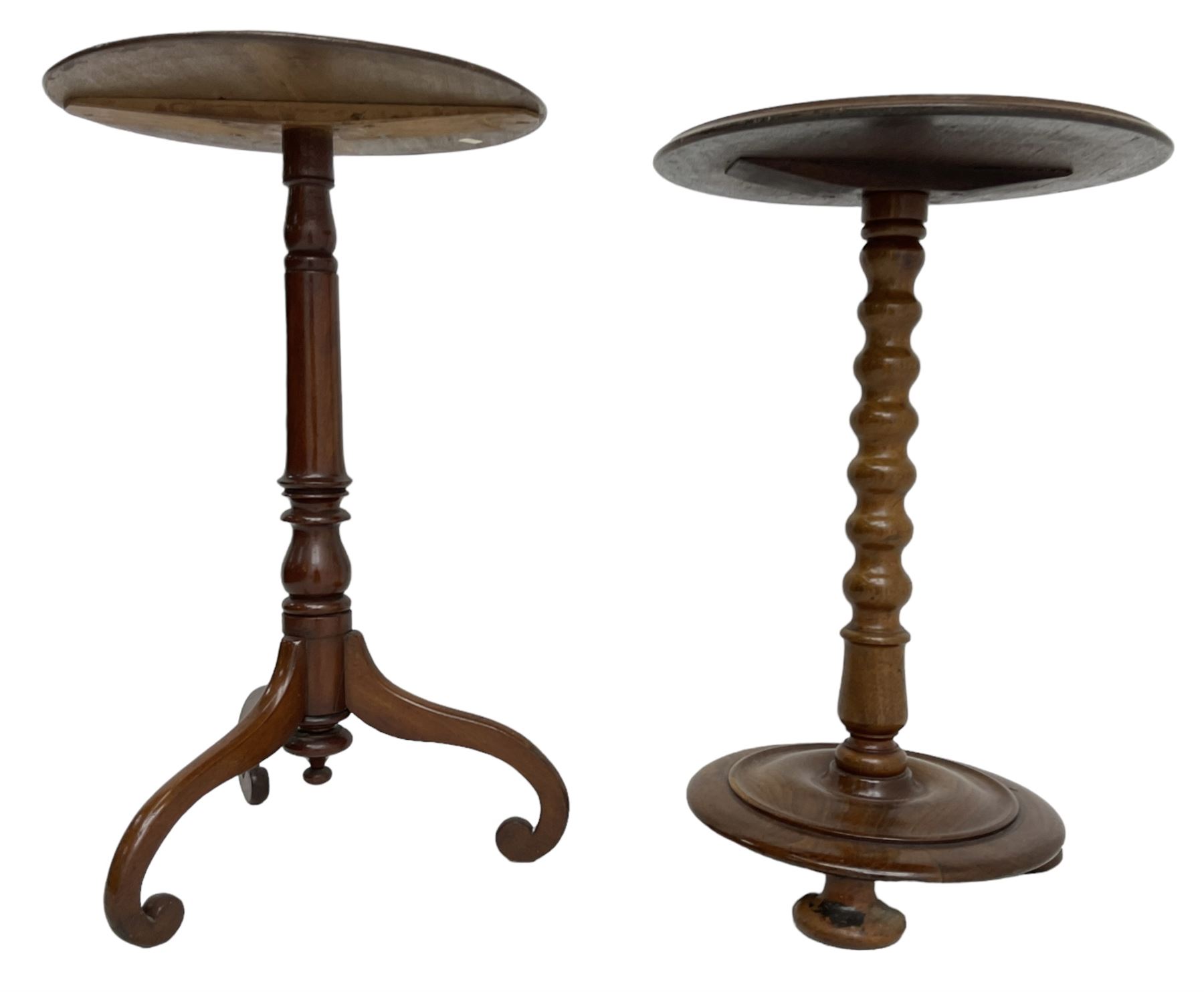 19th century walnut occasional table, circular moulded top on bobbin turned stem, circular moulded base on compressed feet (H70cm); 19th century walnut tripod table, circular table on turned stem, on splayed supported with scrolled terminals (H74cm)