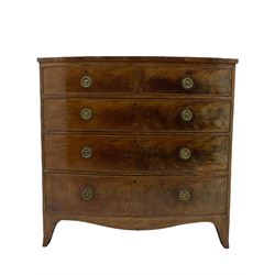19th century mahogany bow front chest, fitted with two short and three long drawers, shaped apron and splayed bracket supports