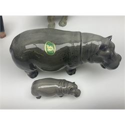 Large Sylvac monkey together with three smaller monkeys, together with Beswick Pigeon no 1383, Melba Ware hippo and baby and Royal Dux elephant 