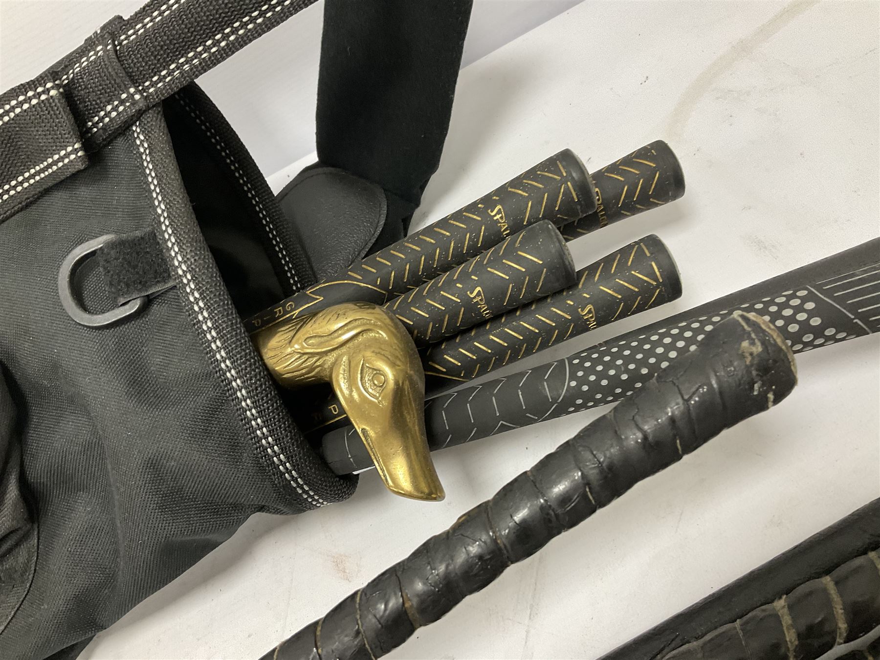 Quantity of golf clubs to include Prestwick Mashie, Ben Sayers and Spalding examples etc in Slazenger soft shell carrying bag