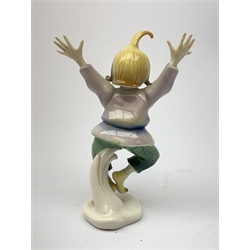 Three 20th century Karl Ens figurines, the first modelled as Uncle Fritz, the second modelled as Bock the Tailor, the third modelled as a sprightly female figure, each with printed blue mark to base, largest H20cm. 