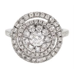 18ct white gold pave set round brilliant cut diamond cluster ring, with diamond set shoulders and gallery, hallmarked