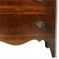 Queen Anne style burr walnut serpentine chest on chest, the upper chest with four graduating drawers with burr fronts and cross banded edges and pierced brass handles, the bottom chest with brushing slide above three graduated drawers, shaped lower apron on splayed feet 