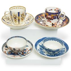 18th century Caughley tea cup and saucer of fluted design decorated in blue and gilt, blue...
