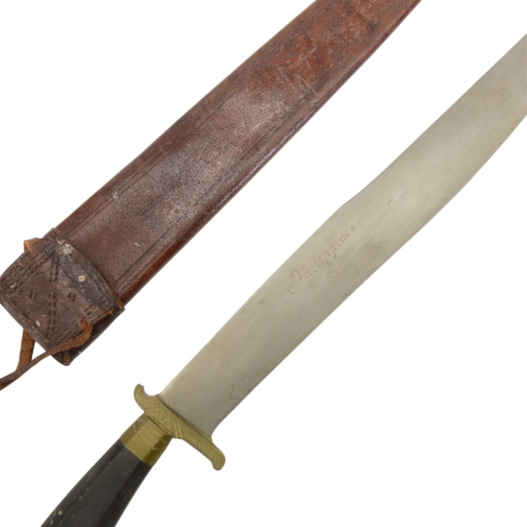 Wooden handled Filipino knife, with leather scabbard, L60cm