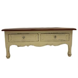 Laura Ashley coffee table, hardwood rectangular top on distressed painted base fitted with two drawers