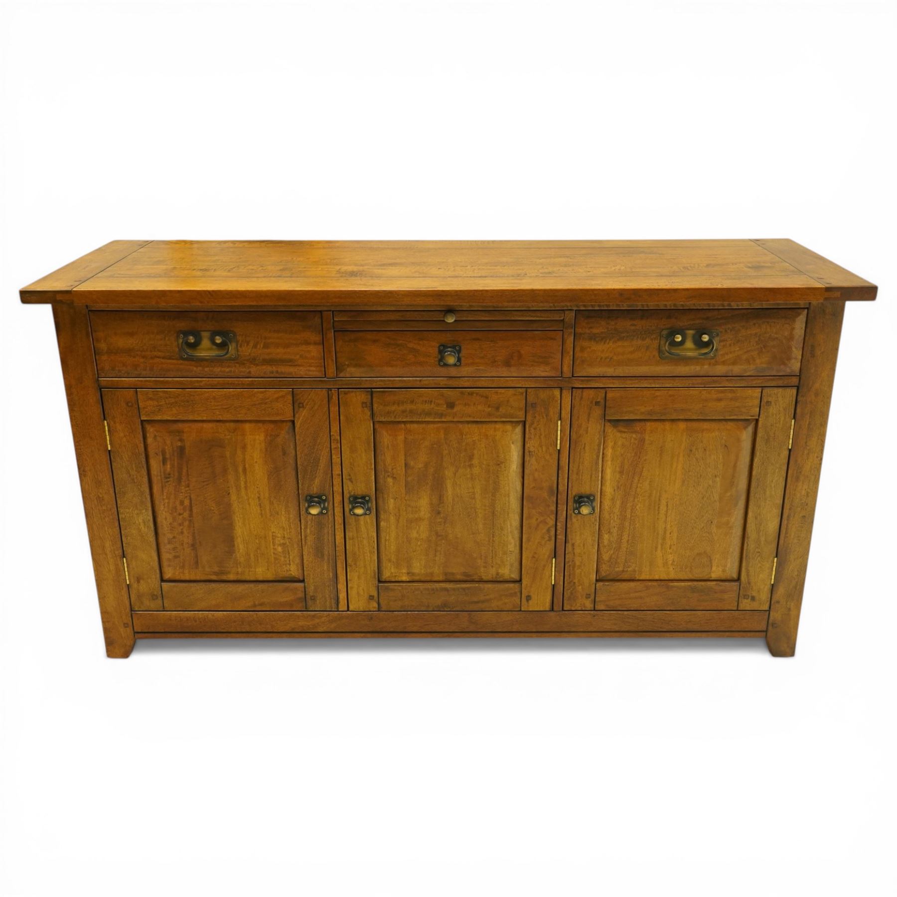 Barker & Stonehouse - 'New Frontier' mangowood wide sideboard, rectangular top with a central brushing slide above a drawer, flanked either side by a drawer, above three cupboard doors, raised on stiled supports