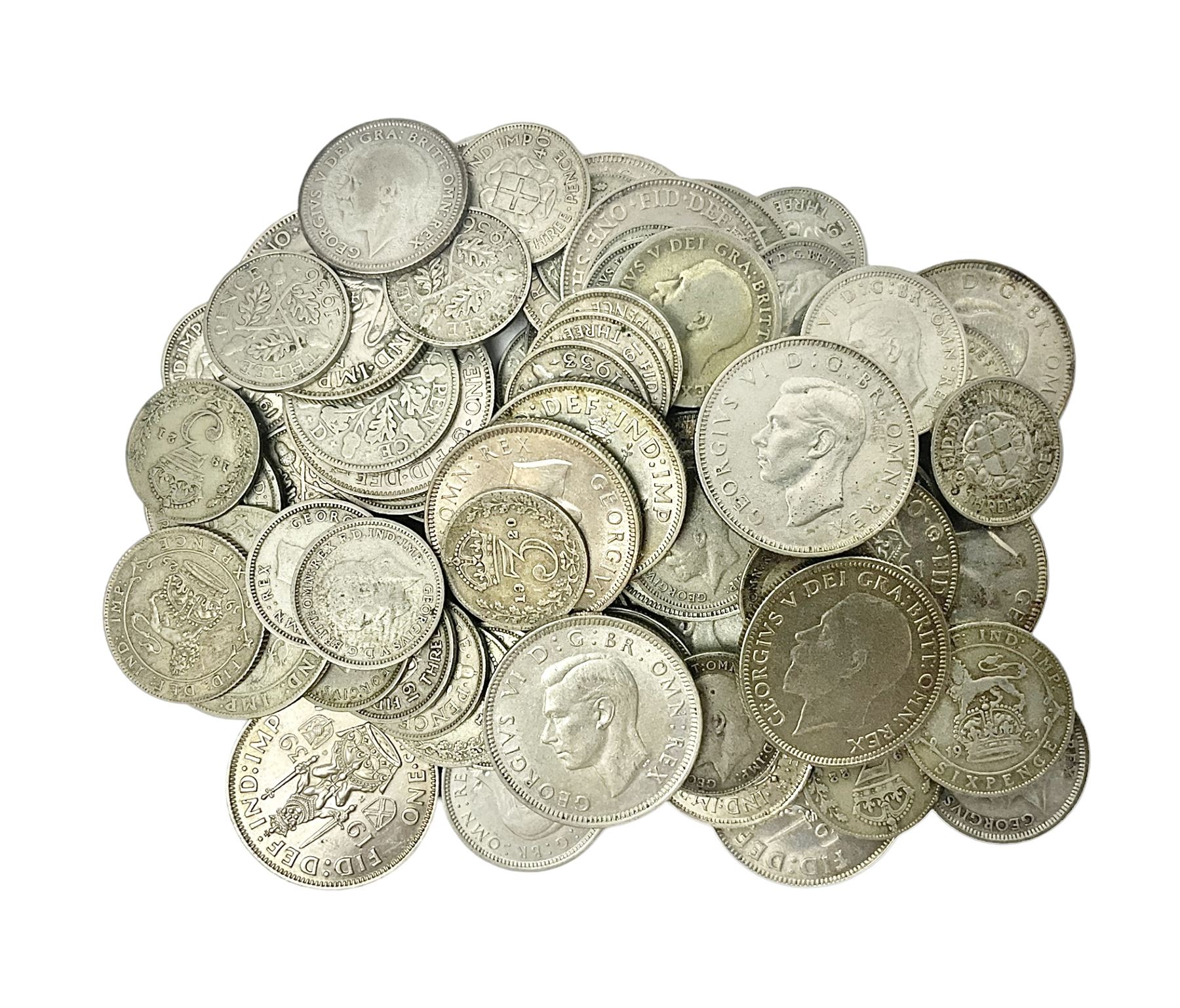 Approximately 260 grams of Great British pre 1947 silver coins, including one shillings, sixpences and threepence pieces 