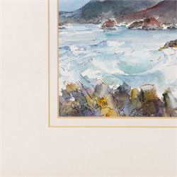 Gill Douglas (Northern British 1944-): 'Smoke on the Mountain I - An Teallach (the Forge) in the mist with Gruinard Bay from Laide - Wester Ross', watercolour signed, titled and dated 1998 verso with the artist's York address label 16cm x 34cm
Notes: Originally from Newcastle upon Tyne, at the age of 28 Gill moved to study Theatre Design at Art College in Nottingham. On completion of her Diploma, in 1976, she moved to York to establish herself as an artist and print maker.