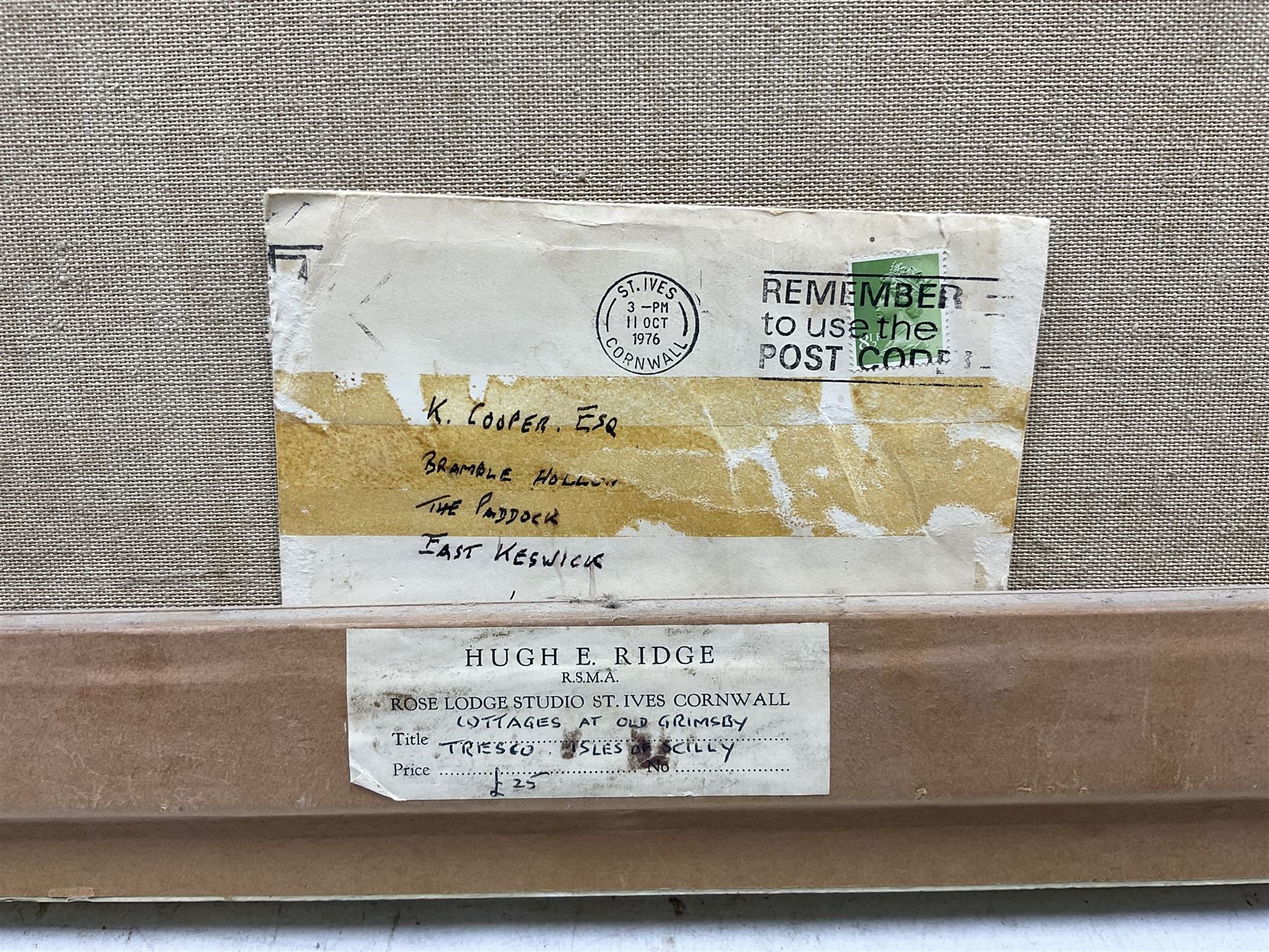 Hugh E Ridge (Bridge 1899-1976): 'Cottages at Old Grimsby, Tresco, Isles of Scilly', oil on canvas signed, titled on artist's studio label verso 39cm x 49cm 
Notes: Sold with a signed letter from the artist thanking the purchaser dated 11.7.76