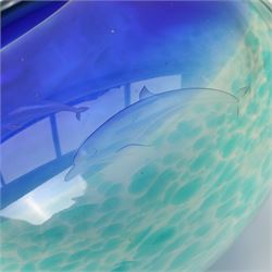 Caithness glass limited edition blue glass bowl 'Spirits of the Sea' decorated with dolphins  7/25 boxed and with certificate D25cm