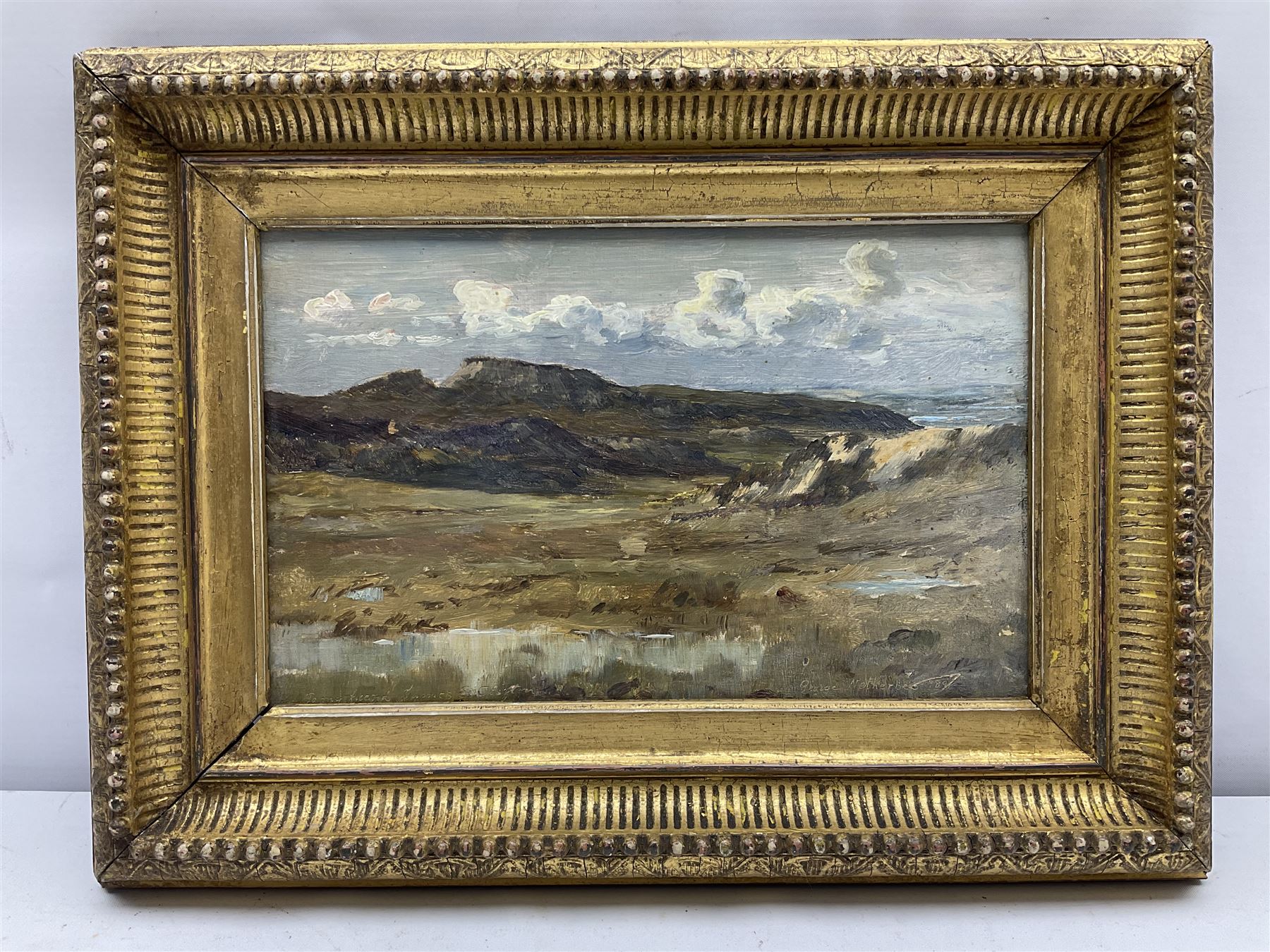 George Faulkner Wetherbee RI ROI (American 1851-1920): Upland Landscape, oil on panel signed dated 1891 and inscribed 'To my friend James E Clifton' 14cm x 23cm