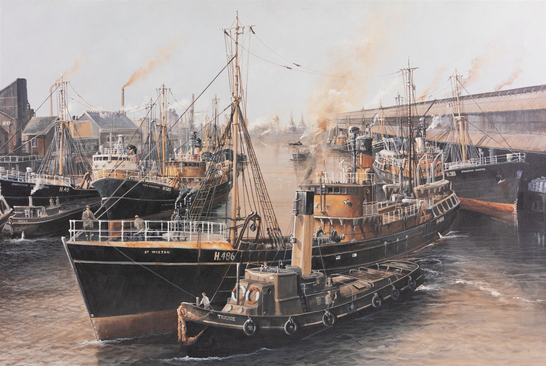 Adrian Thompson (British 1960-): The SS Gothic Docked in a Shipping Yard, oil on canvas signed 51cm x 76cm; together with another print (2) (unframed)