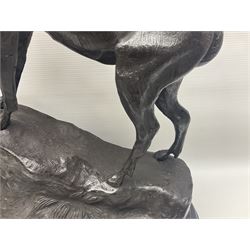 After J. Moigniez, pair of bronzes, modelled as stags standing on rocky outcrops, signed J Moigniez, upon oval black marble plinths, overall H73cm  