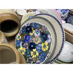 Three boxes of 19th century and later ceramics to include plate painted with butterflies and flowering branches titled R.L., Royal Doulton, twin handled majolica vase (a/f), four two tone stone ware jars etc