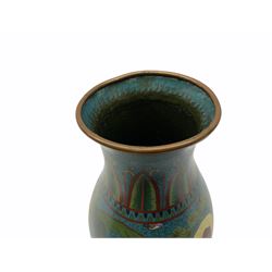 Japanese Cloisonne vase, Meiji/Taisho period, decorated with five haloed figures, possibly the Lucky Gods or Monks, in a landscape detailed with pine trees, lotus flowers and auspicious clouds, beneath a neck with band of fronds, with apocryphal Ming mark beneath, H31cm