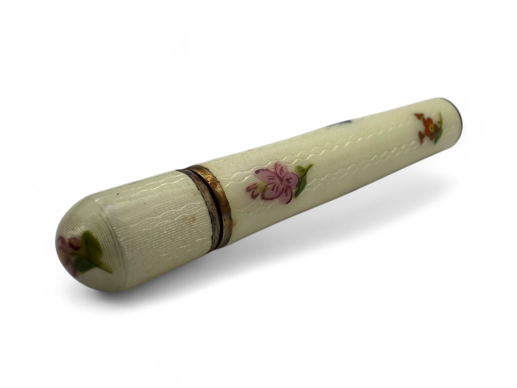 Continental silver guilloche enamel scent bottle with floral decoration on a cream ground with glass stopper, stamped 935, H7cm