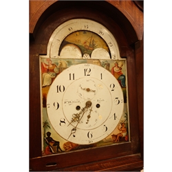 Early 19th century mahogany longcase clock, the swan neck pediment with finial, stepped arched glazed door and turned supports, enamel painted moon-phase dial, subsidiary seconds and date dial, eight day movement striking on bell, figured case with box wood stringing and inlay, H246cm  