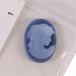 Blue agate cameo depicting a young girl and two haematite warrior intaglios, largest H21mm