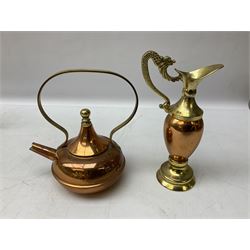 Ornate brass inkstand with ceramic inkwell, W11cm, together with another similar of rectangular form, heavy copper and brass miniature ewer with serpent handle Reg 929830, three miniature brass picture easels, together with other brass and copper metal ware