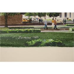 J H McCoy (20th Century): Architectural perspective of Moscow, watercolour heightened with white signed and dated 1989; John S Robinson (British 20th Century): Architectural perspective of a London Building, gouache signed; Architectural perspective of Imperial Chemical Industries Headquarters Slough and an angular interior, two mixed medias unsigned max 54.5cm x 48.5cm (4) (unframed)
